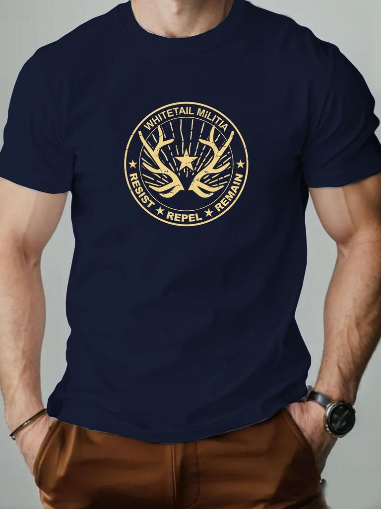 Mens cotton Tshirt whitetailed militia summer round neck shortsleeved graphic breathable fashion casual Tshirt
