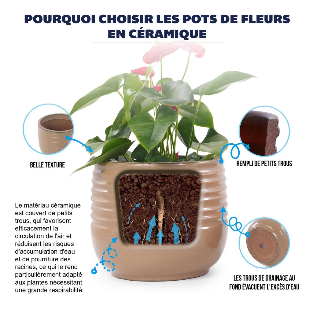 Single Handmade Ceramic Planter (diameter 36 cm), Light Brown, Wave Groove Structure, Breathable, Frost-Resistant