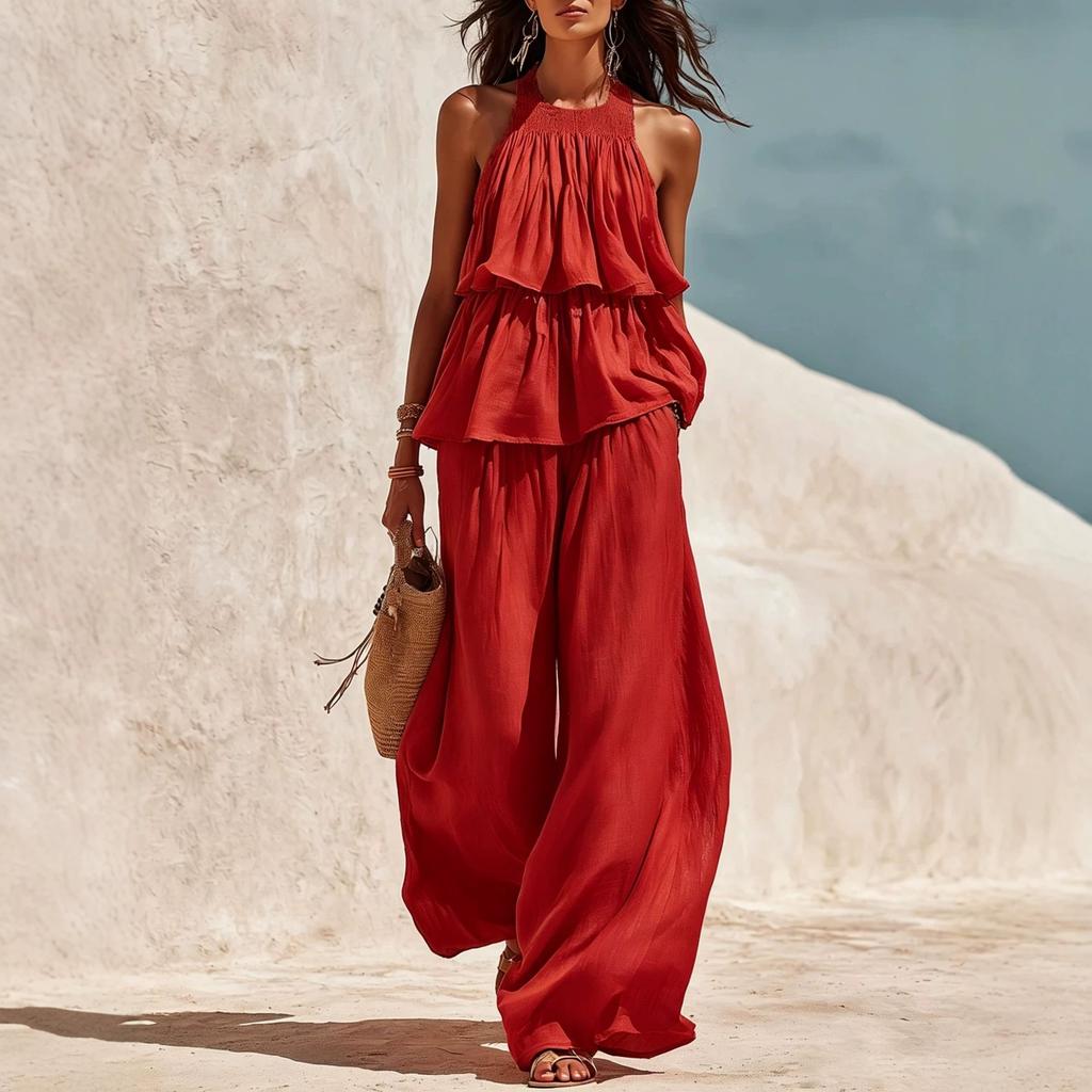 2026 Amazon Independent Station Popular Women's Clothing Casual European and American Style Elastic Neck Breathable Wide Leg Pants Two-piece Set