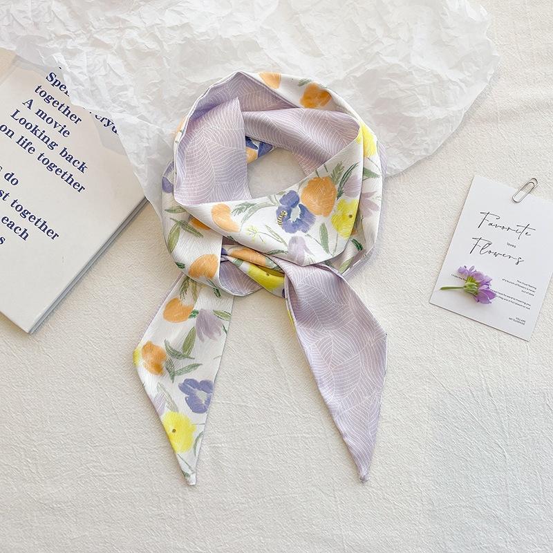 Women's Long Narrow Silk Scarf with Floral Print - Versatile Neck Scarf, Bag Wrap, Headband Accessory