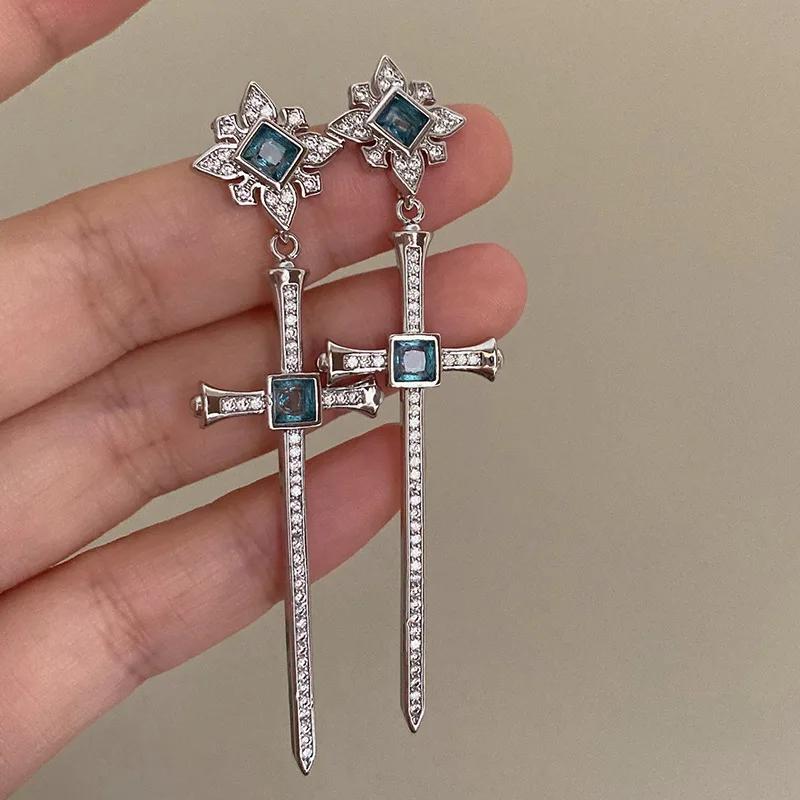 JWER Vintage Shine Crystal Zircon Cross Drop Earring For Women Girl Fashion Rhinestone Sword Earrings Punk Female Party Jewelry