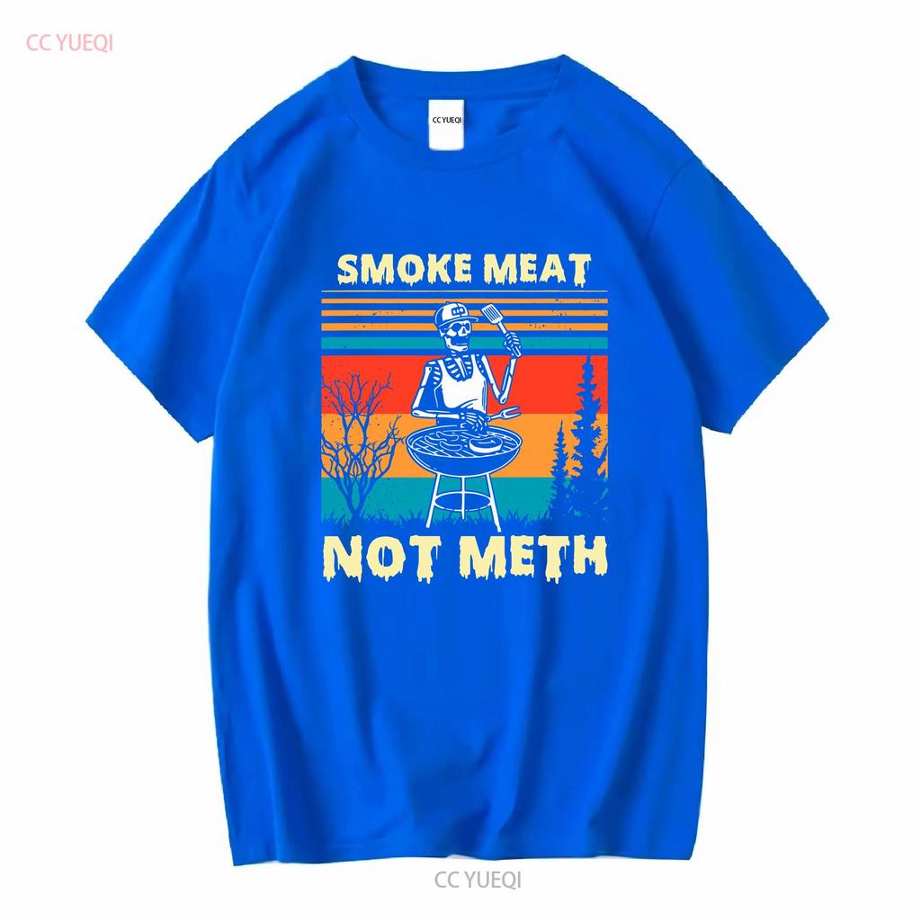 Funny BBQ Skeleton With A Hot Dog Smoke Meat Not Meth Master T Shirt long or short sleeves vintage Washed Top For Everyday Wear