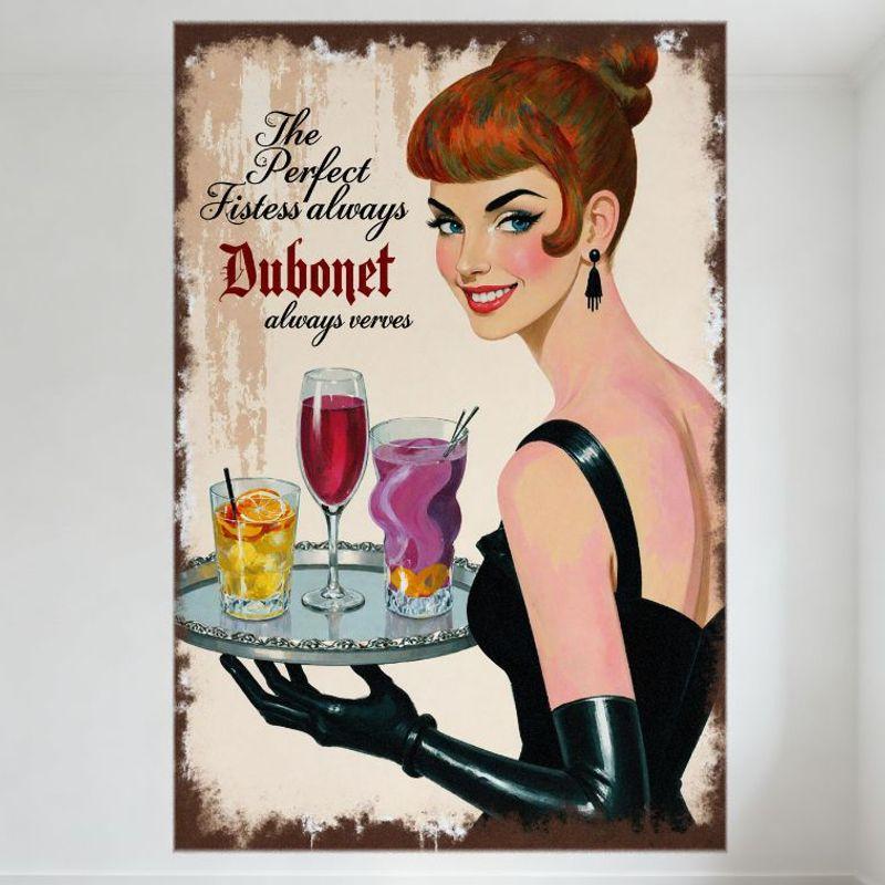 

Vintage Dubonet Hostess Metal Tin Sign Redhead Woman Serving Drinks Retro Advertisement Wall Plaque for Bar Cafe Home Man Cave D 20x30cm（7.8x11.8inch）