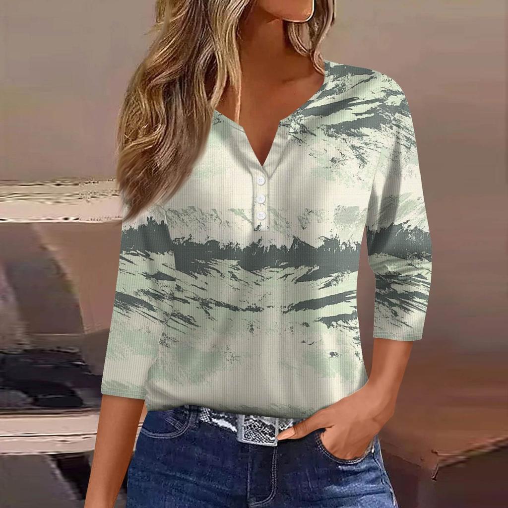 Damen T-Shirt Print Button 3/4 Ärmel Tunika Alltag Wochenendmode Basic V-Ausschnitt Normales Oberteil