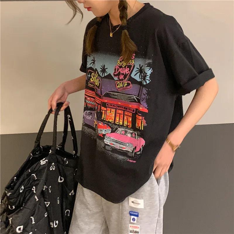 Vintage Distressed American Style Short Sleeve T-Shirt Plus Size Women's Clothing Loose Fit Slimming Medium Length Shirt