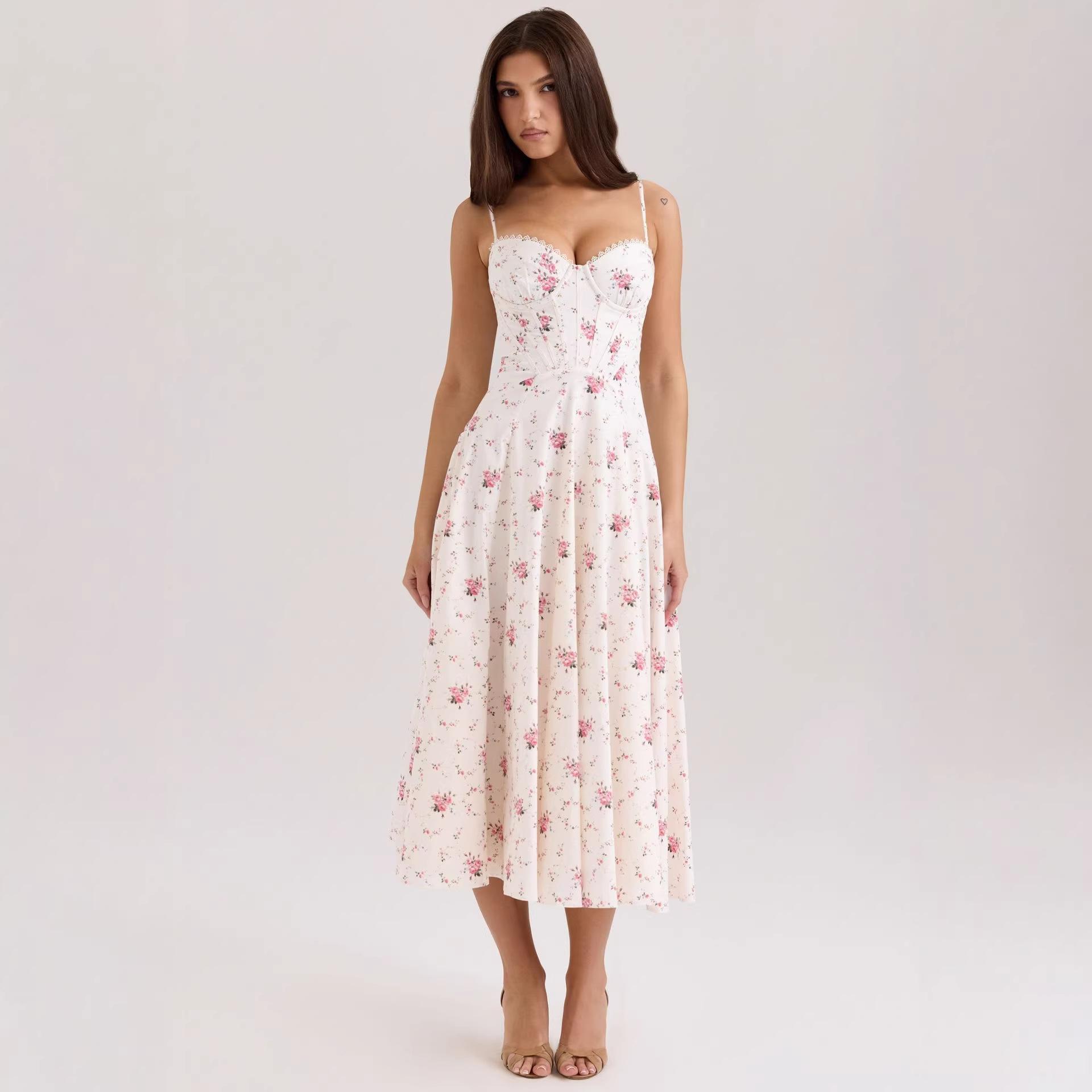 European and American temperament is elegant and gentle, the wind is tight, thin floral suspenders, fairy dress women S