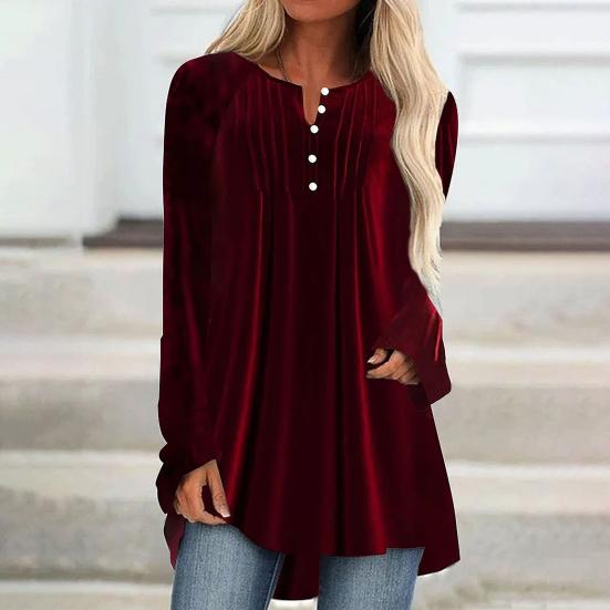 Women Velvet Shirt V-Neck Buttons Half Placket Long Sleeve Asymmetric Hem Pullover Tops Solid Color Mid-length