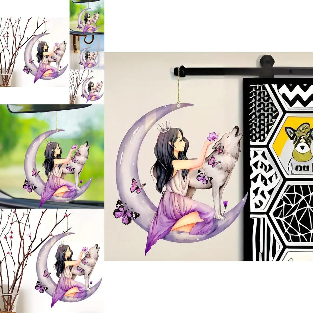 Bunter Acryl Cartoon Floral Mond Mädchen Wolf Schmetterling Autoanhänger Für Einzigartigen Auto-Stil