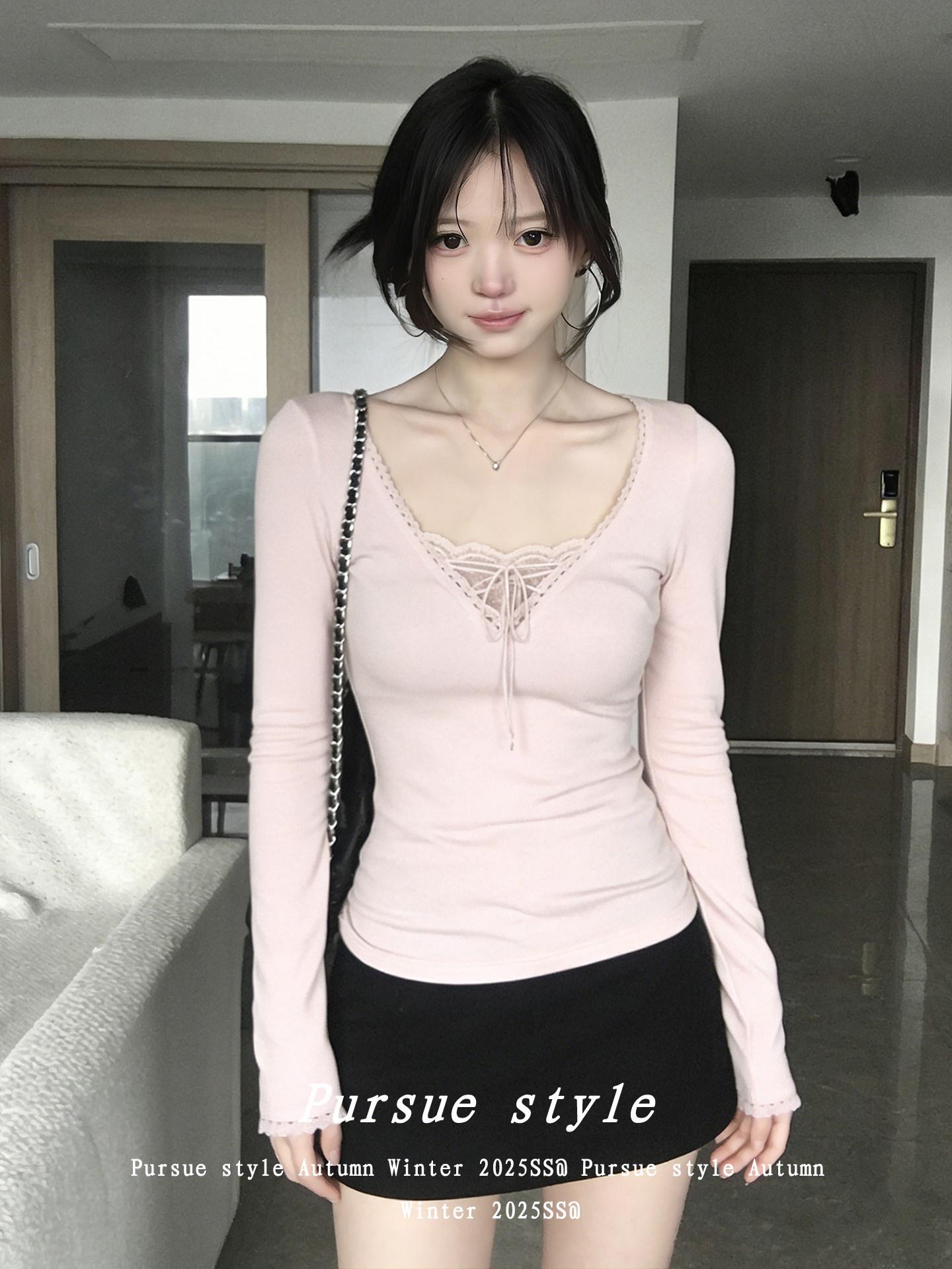 Autumn Slimming Lace Patchwork V-Neck Top for Women – Sweet & Spicy Tie-Up Style Extra Large розовый