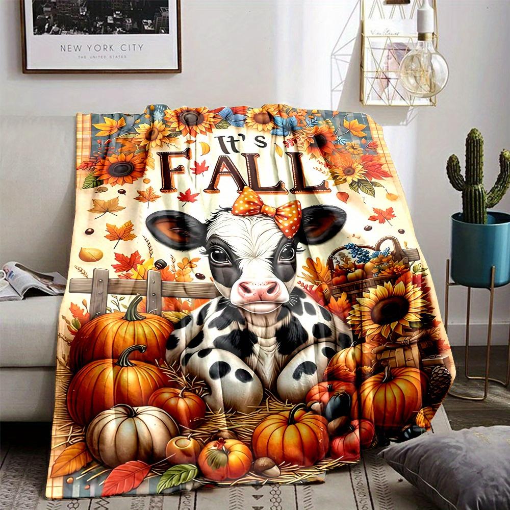 Fall Harvest & Cow Print Flannel Throw Blanket - 100% Polyester Non-Woven Fabric, Digital Print, Reversible All-Season Country