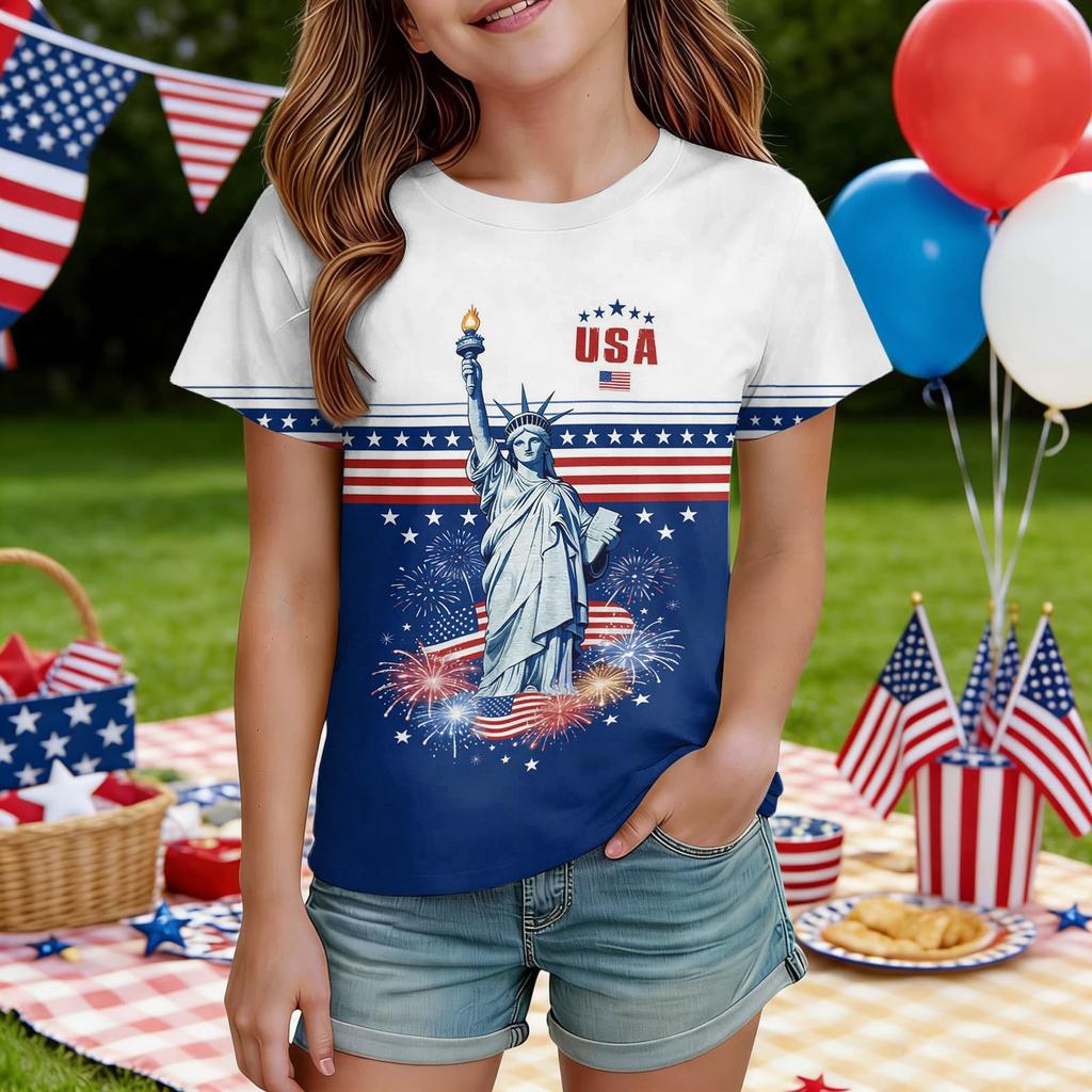 Kids Independence Day Print Round Neck Short Sleeve Casual T-shirt