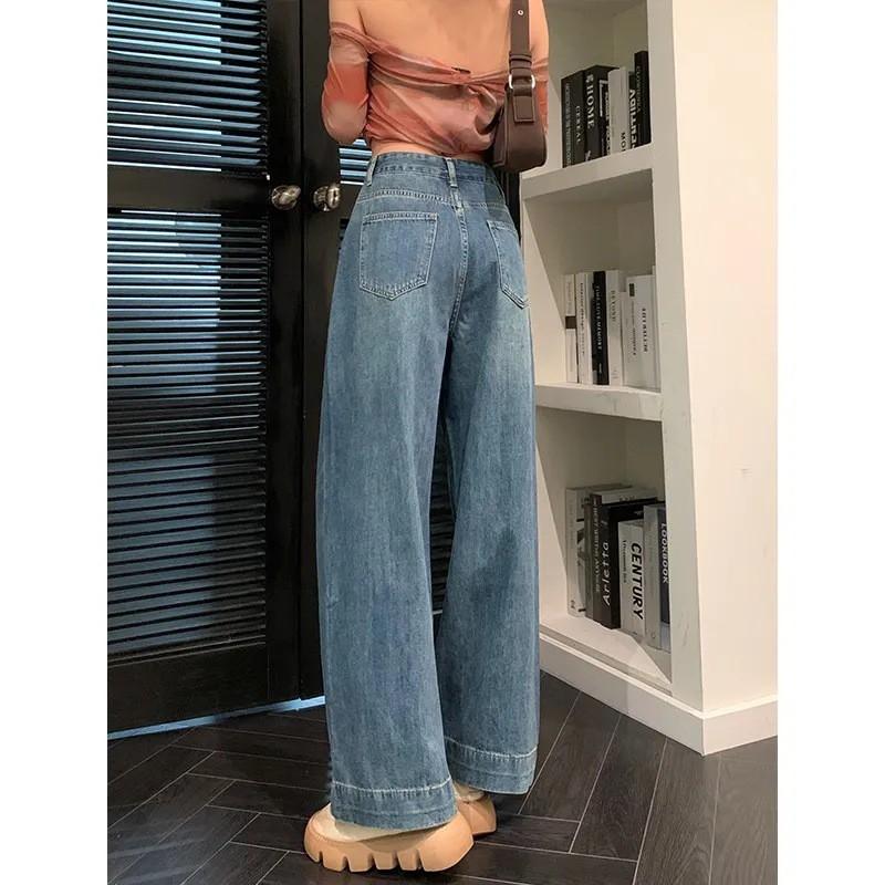 High Waist Wide Leg Denim Pants Women Fall Loose Straight Cut Cropped Jeans With Stretch