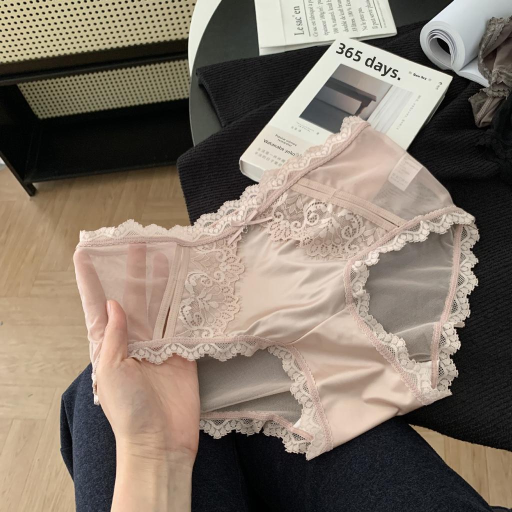 Ladies Summer Light Luxury Satin Sexy Lace Pure Desire Wind Hollow Mesh Yarn Antibacterial Crotch Breathable Briefs