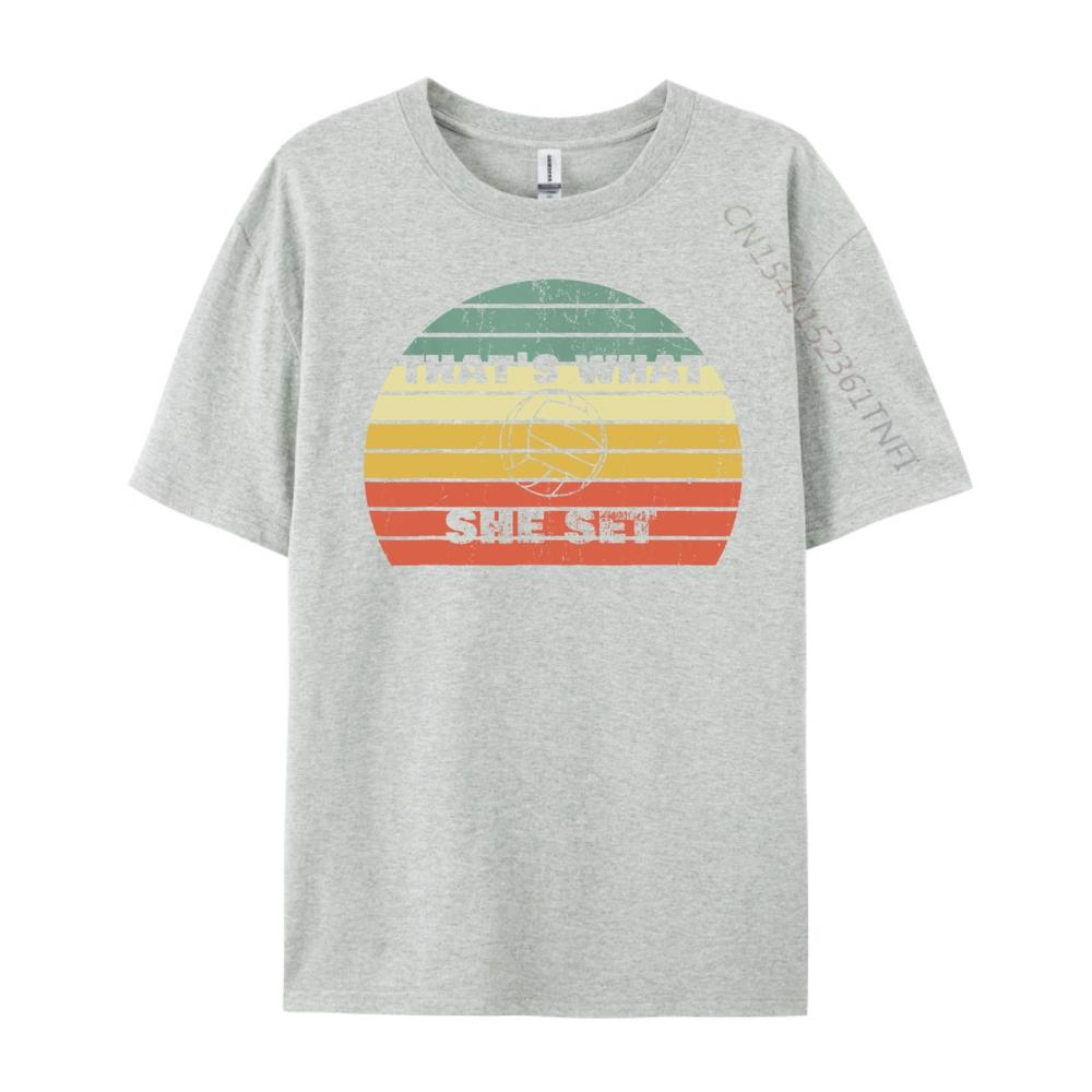 Lustiger Volleyball-Wortwitz Thats What She Set Vintage Retro Sonnenuntergang Grafik T-Shirts Herren Baumwoll-T-Shirt Herren