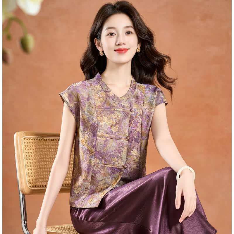 New Chinese Style Floral Short Sleeve Blouse XL