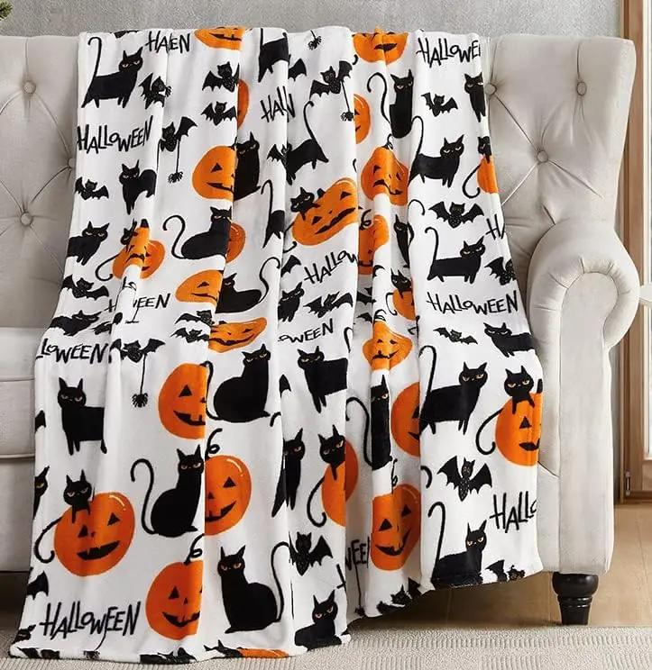 Halloween-Decke Oranger Fledermaus-Print Fleece-Überwurf Gruselige Deko Weich Gemütlich Party-Geschenk für Halloween Heimdekoration Bettwäschebezug