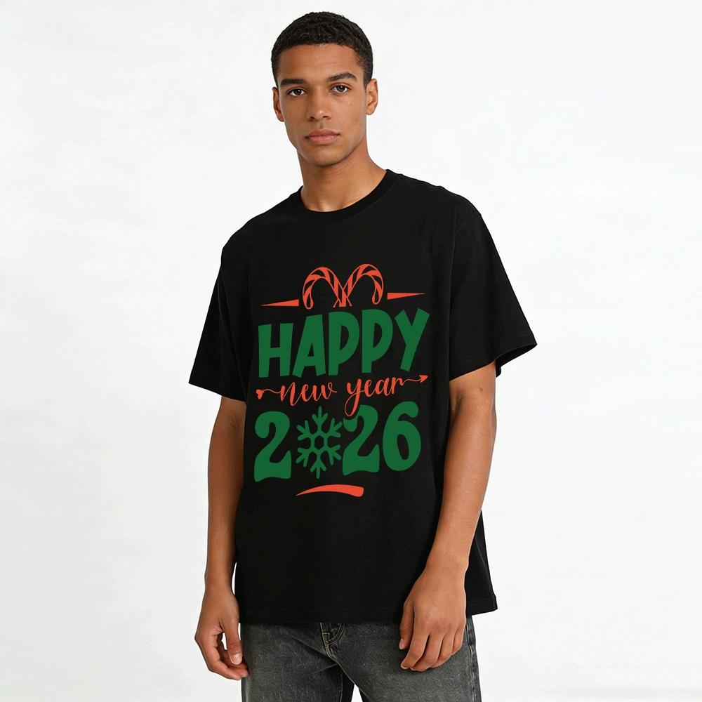 2026 Happy New Year Printed Casual Loose Top For Men And Women Pure cotton T-shirt