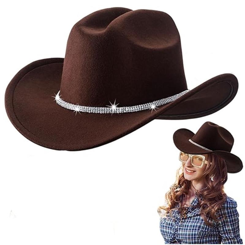 Unisex Cowgirl Hats with Triple Rhinestones Decors Soft Acrylic Fabric Camping Concerts Daily Use Costume Accessory