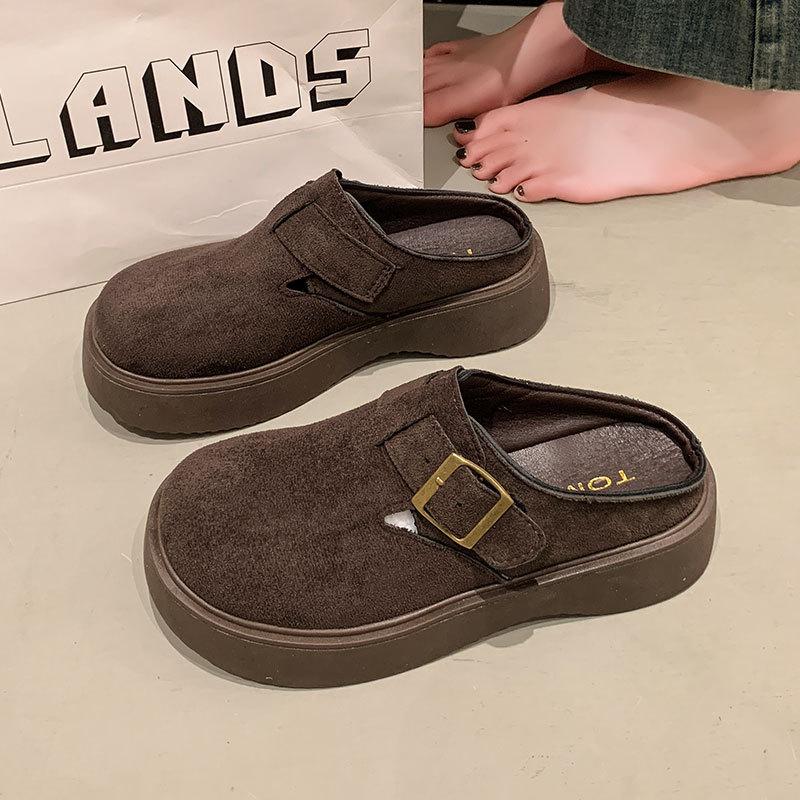 Retro Thick-bottomed Boken Bag Head and Half Slippers for Women's 2025 Spring New Models To Increase Height and Wear Lazy People with One Foot and H