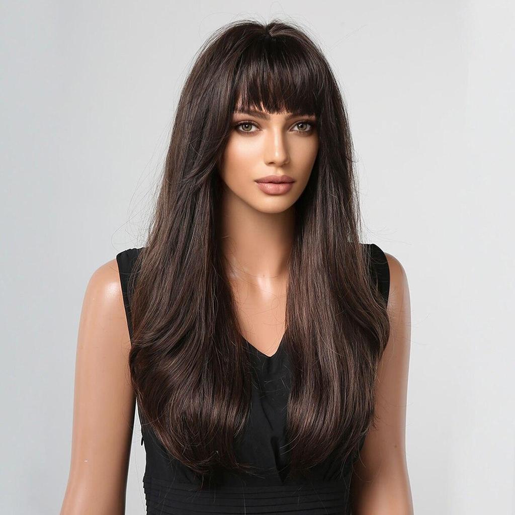 HAIRCUBE Brun Ombre syntetiske parykker Langt bølget hår Parykker for svarte kvinner med smell Daglig Cosplay Varmebestandige naturlige parykker