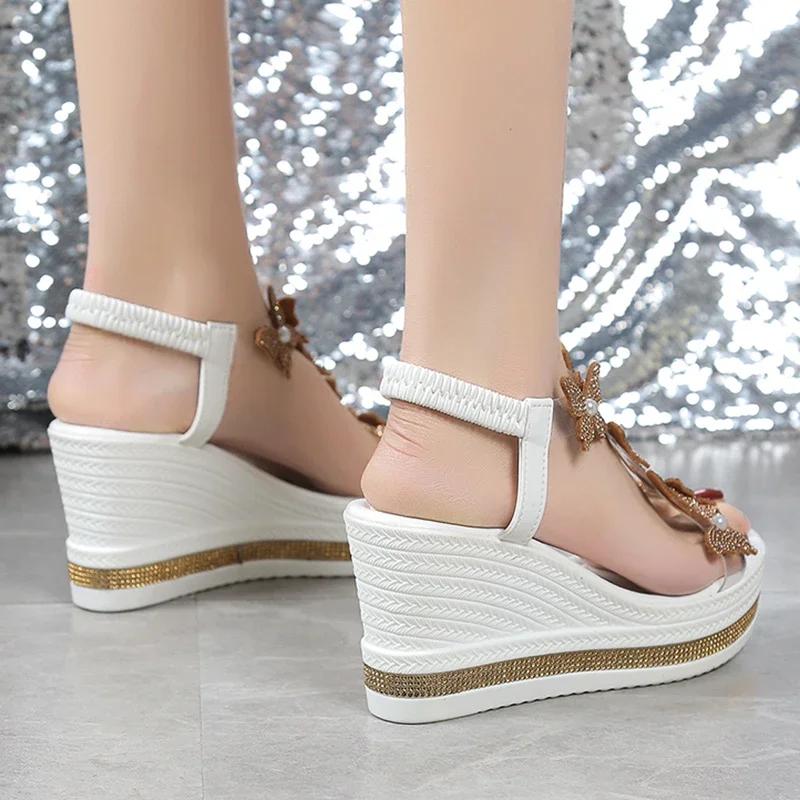 Fashion Fashion Crystals Womens Shoes Butterfly Wedges Sandals Women Summer Chunky Platform Elastic Band Sandles Woman Pearls High Heels