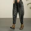 Elastic Waist Denim Cropped Pants Harlan Daddy Pants Fat MM Pants Retro Distressed High Waist Plus Size Pants