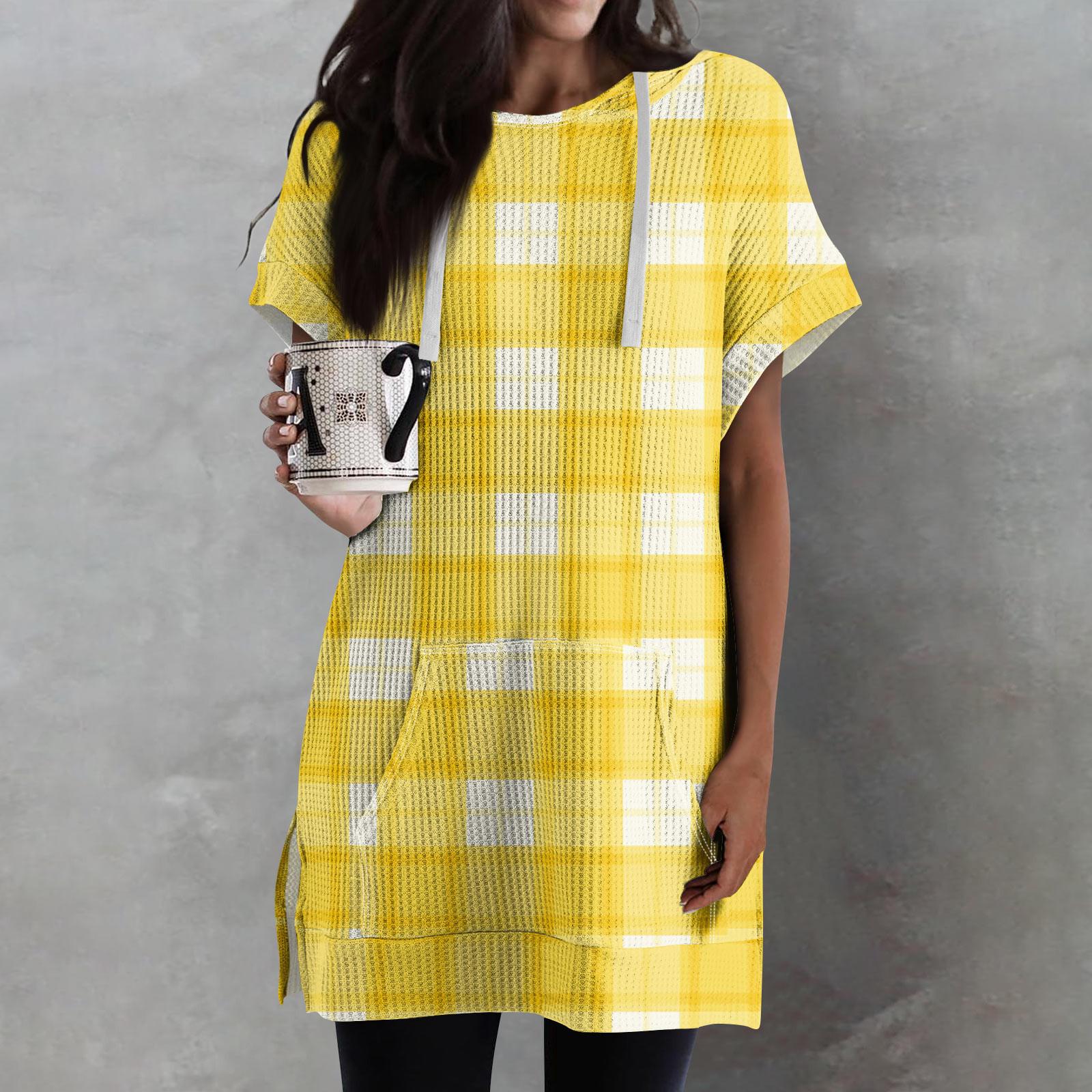 

Женские свободные рубашки с принтом, толстовки с короткими рукавами и шнурком, вязаная туника с боковыми разрезами, топы с капюшоном и карманом XL жёлтый