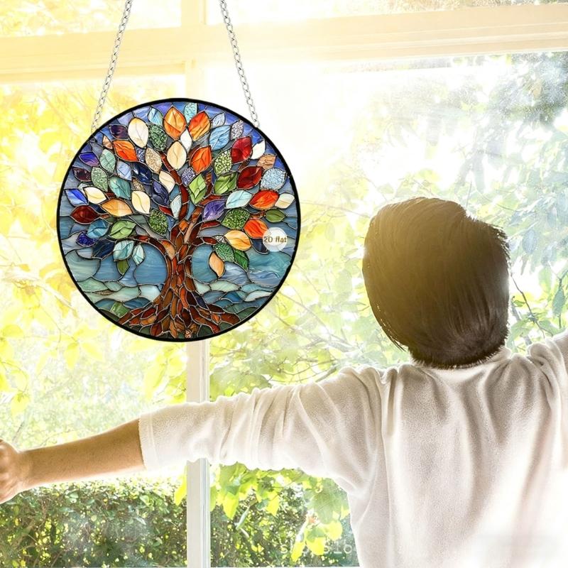Dwuwymiarowe Łapacze Słońca Drzewa Kolorowe Szklane Panele Łapacze Słońca Dekoracje Prezent Urodzinowy Kobiety Witrażowe Dekoracje Wiszące na Okno