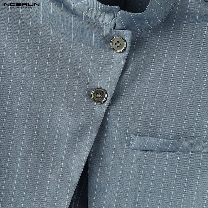 INCERUN Men Striped Outfits Stand Neck Long Sleeve Crop Tops Zip-Up High Waist Long Pants Sets