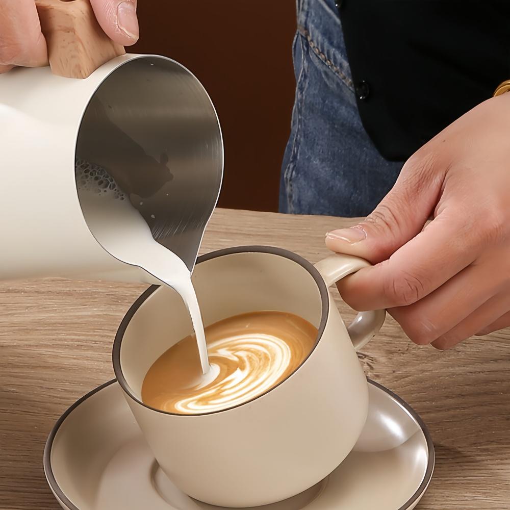 Coffee Milk Frothing Pitcher Jug 304 Stainless Steel Precision Scale Anti-scald Wood Grain Handle Professional Coffee Utensils