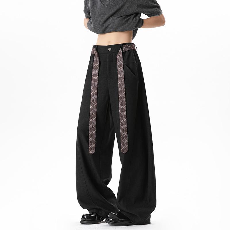 Vintage Contrast Plaid Belted Wide Leg Loose Casual Pants For Men
