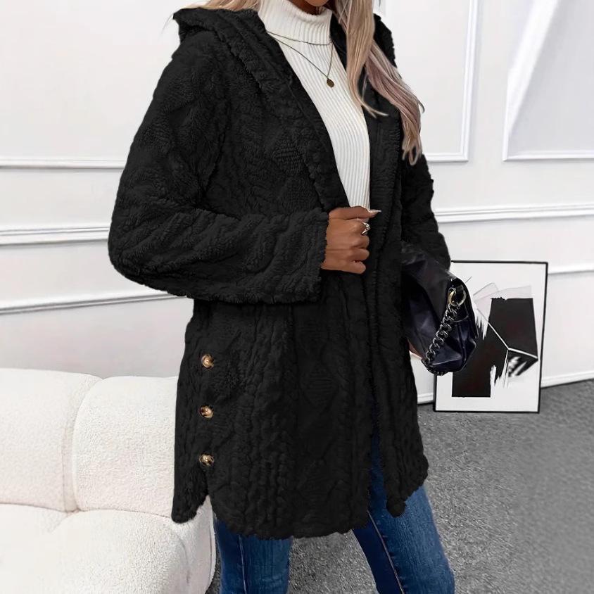 2024 Autumn/Winter Women's Mid-Length Plush Hooded Coat - European & American Style