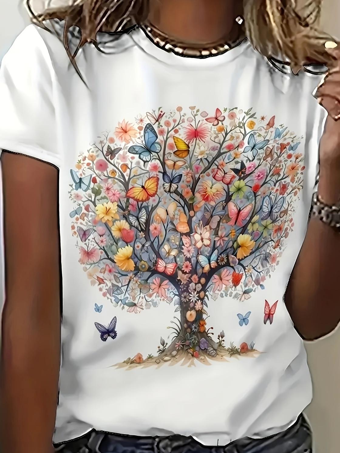 Tree of life with butterflies and flowers graphic T-shirt S