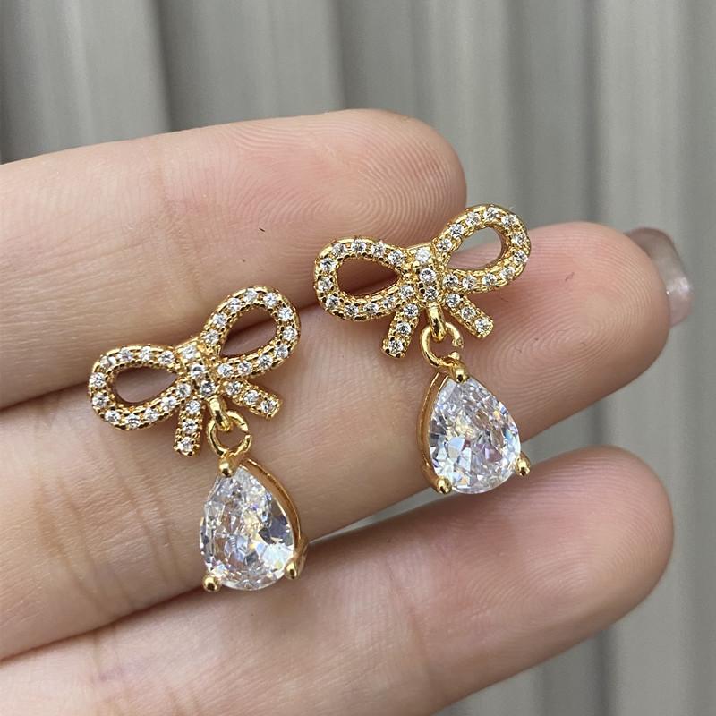 Hot-selling full diamond water drop flash diamond bow stud earrings Mori small fresh ear jewelry