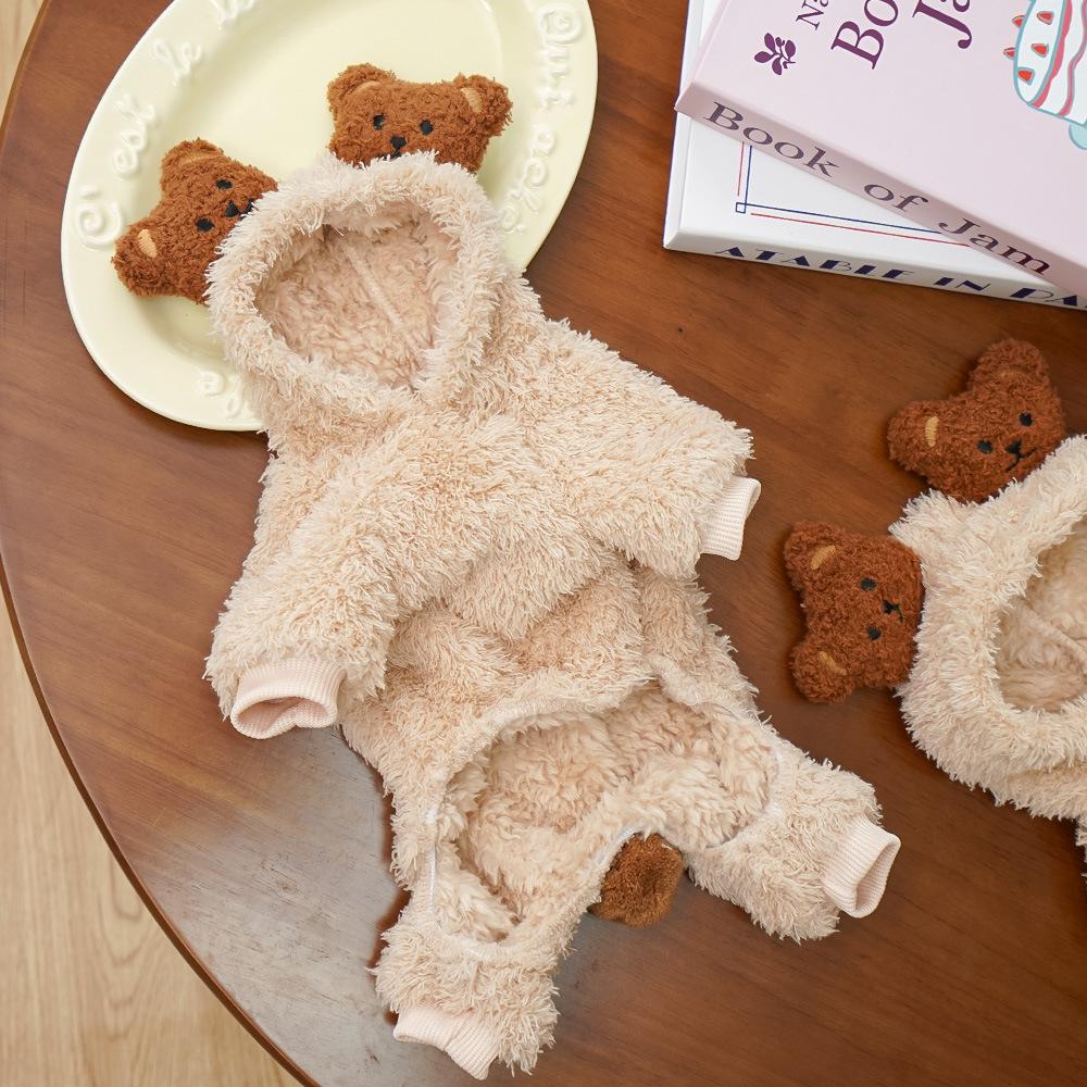 Herbst Winter Bärenohren 4-beiniger Haustier-Onesie für kleine Hunde - Flauschige warme Welpen Kapuzenbekleidung (Niedlicher Teddy-Stil)