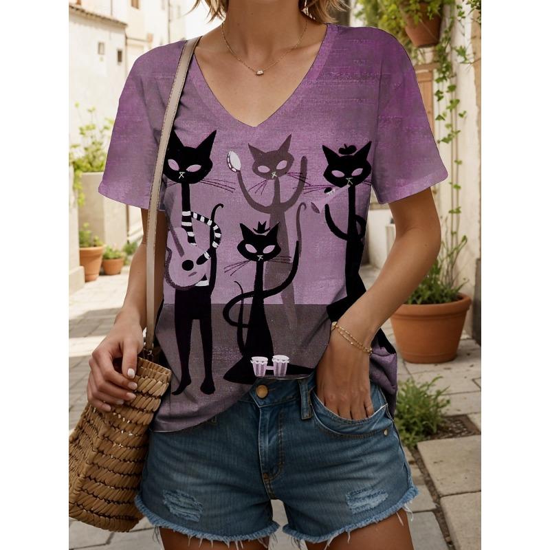 Women's T Shirt Graphic Animal Cat Vintage Stylish Classic Short Sleeve V Neck Regular Tops Daily Print Dusty Rose