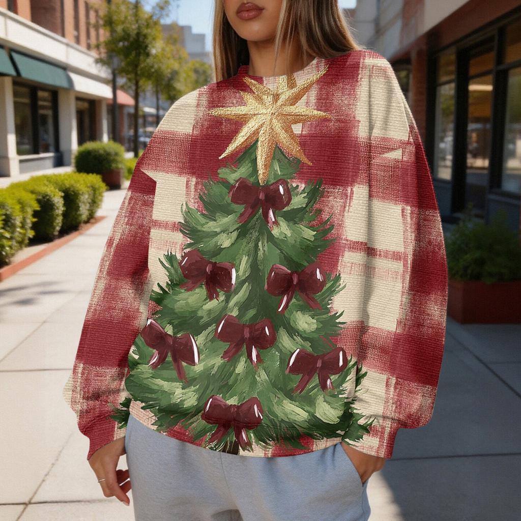 Women's Christmas Print Crewneck Sweatshirt, Lightweight Casual Trendy Pullover for Holiday Wear