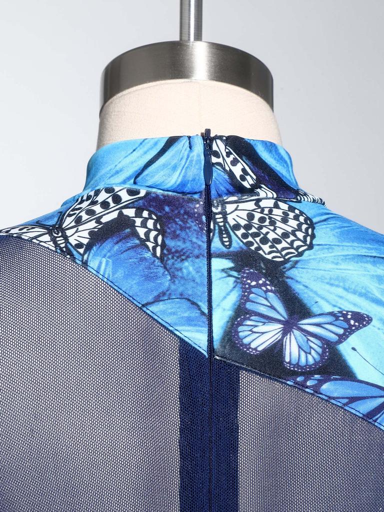 Kids Girls Performance Leotard: Long Sleeve Mock Neck with Mesh Patchwork & Butterfly Print Rhinestone Bodysuit Back Zipper