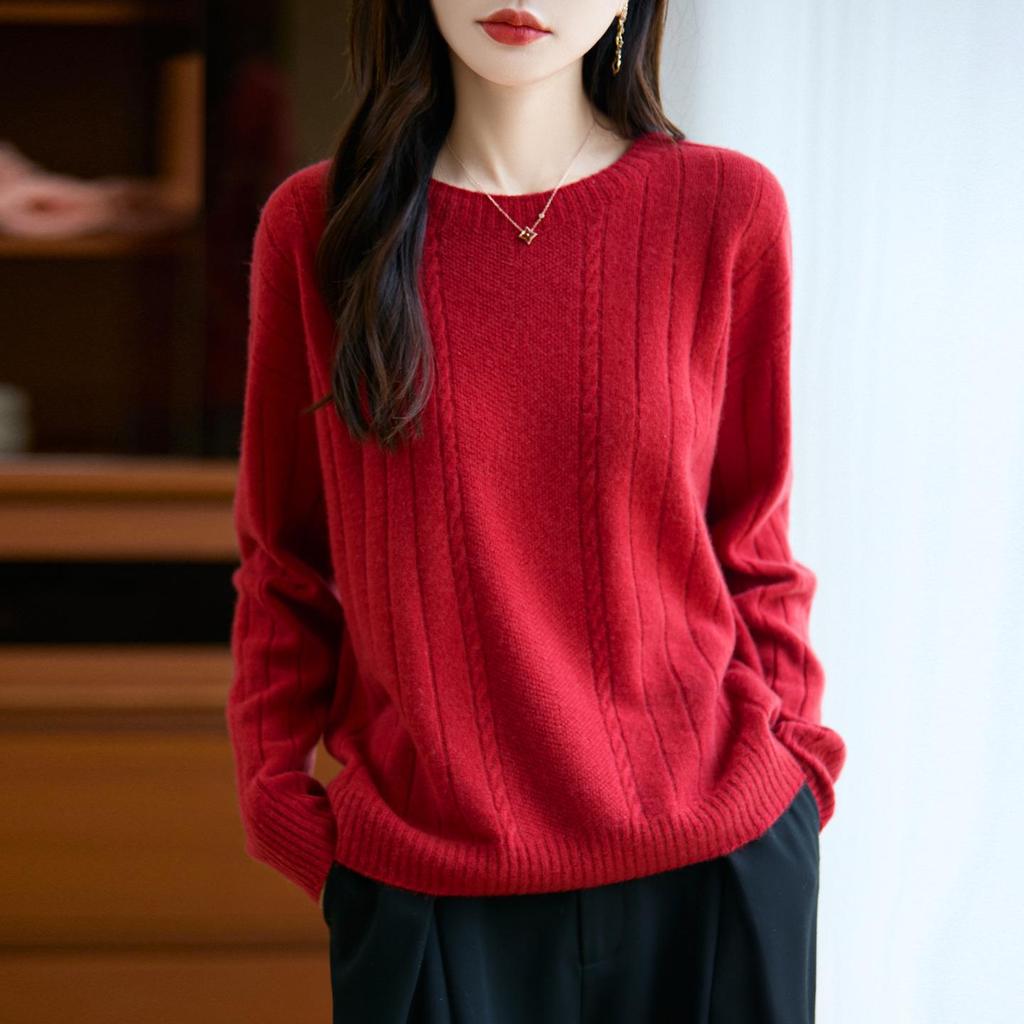 2025 Women's Premium French Pure Wool Seamless Cable Knit Long-Sleeve Sweater Base Layer