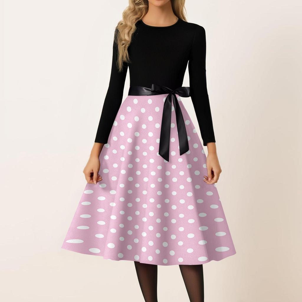 Women’s Casual Long Sleeve Crew Neck Polka Dot Print Vintage Midi Dress with Waist Belt for Everyday and Party Wear
