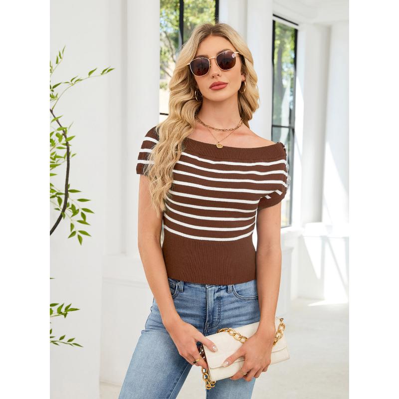 Women's Spring Summer Off Shoulder Striped Knit Top Short Sleeve Button Decor Slim Fit Cropped Casual Daily Blouse