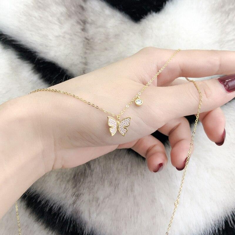 Sterling Tone Butterfly Necklaces Shiny Zircon Stone Clavicle Chain Pendant Necklace Women Jewelry Event Gathering Souvenir GiftTrendy