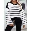 Autumn and Winter New Round Neck Loose Black and White Striped Pullover Long Sleeved Knitted Sweater