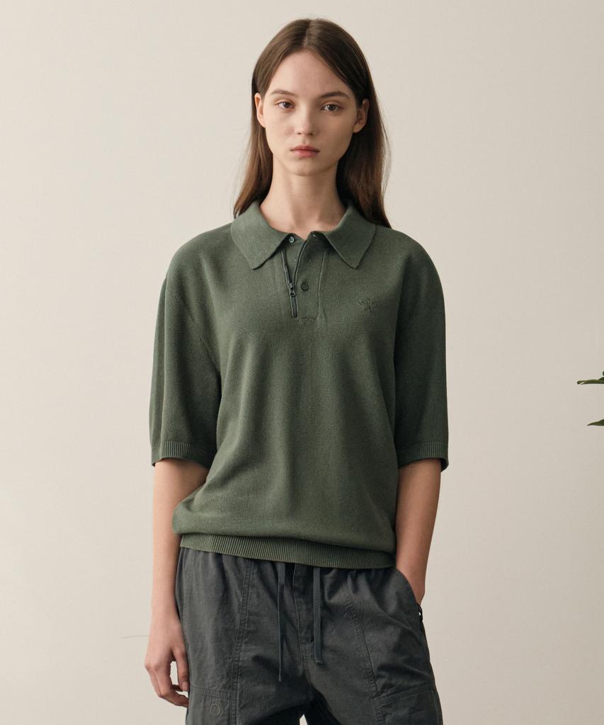 HELEMENT Knit Zip-Up Collared Short Sleeve (D Green)