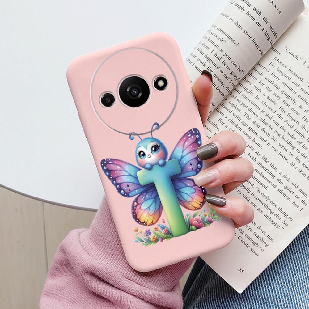 Handyhülle für Xiaomi Redmi A3 4G A3x Rosa Buchstabe Blume Schmetterling Stoßfest Weiches Silikon Cover Kameraschutz TPU Fundas