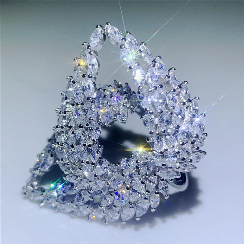 Elegant Angel Wings Feather Full Cubic Zirconia Paving Women Bride Engagement Adjustable Ring Jewelry