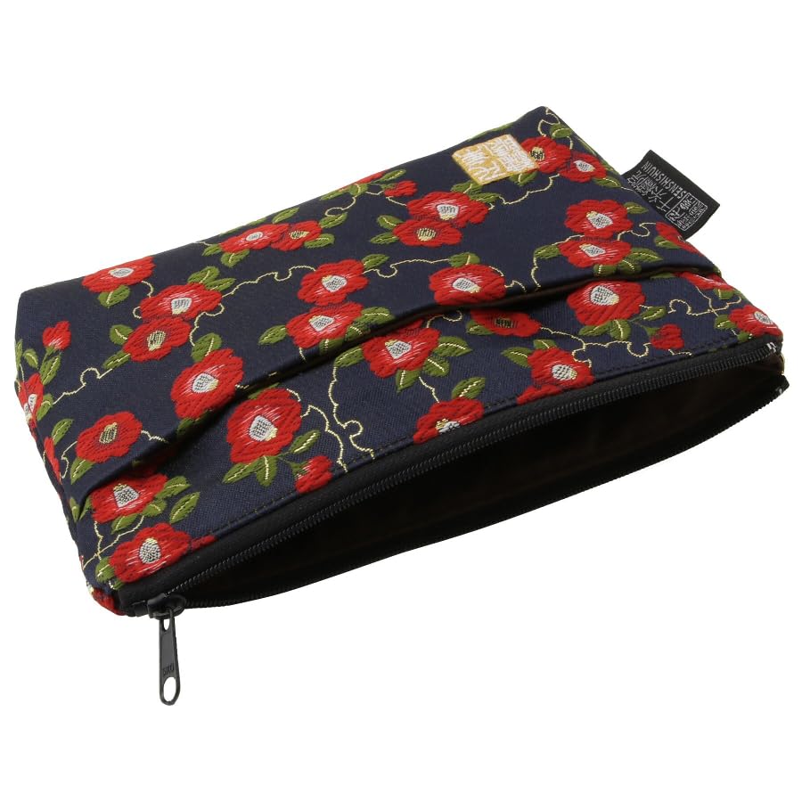 Senshishuin Nishijin Brocade PouchShrine Stamp Book Case (Lined) Navy Blue Snow-Wrapped Camellia (Small)