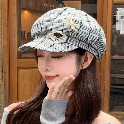 Vintage Plaid Bow Octagonal Hat Autumn Hat Women's Fashion Versatile Beret Show Face Small Painter Hat