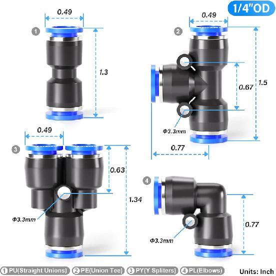 40PCS 1/4 Inch od Quick Release Push to Connect Fittings Pneumatic Fittings Kit 10 Spliters+10 Elbows+10 tee+10 Straight