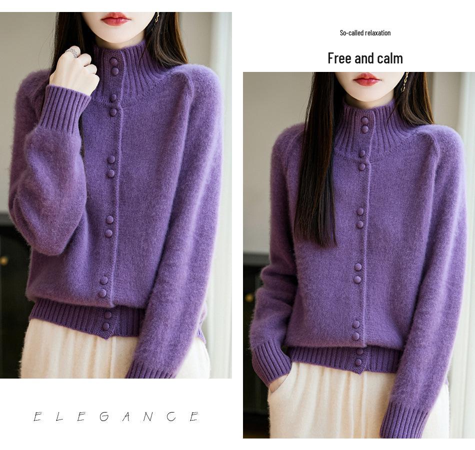 Women's Heavyweight Pure Wool Stand Collar Cardigan for Autumn/Winter